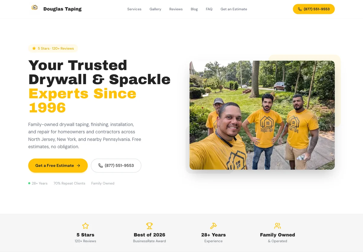 Douglas Taping's website with drywall services, service areas, work photography, and estimate request options