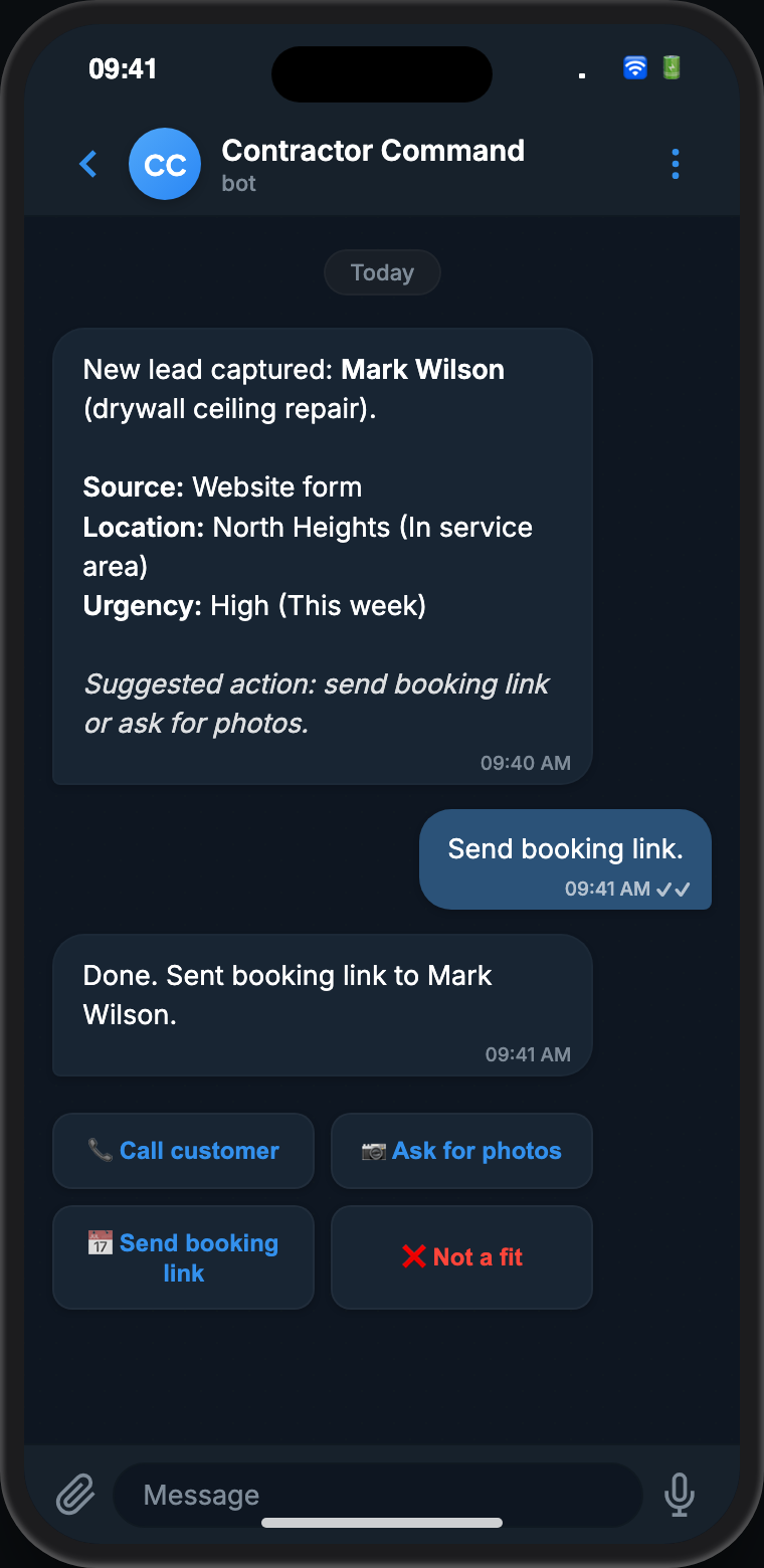 Telegram screenshot: New lead captured, drywall ceiling repair. Bot suggests asking for photos. Owner replies: Ask for photos.