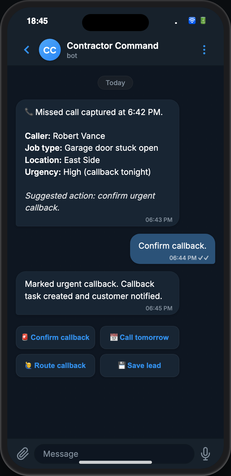 Telegram screenshot: After-hours call captured at 6:42 PM, garage door stuck open, owner replies Call now