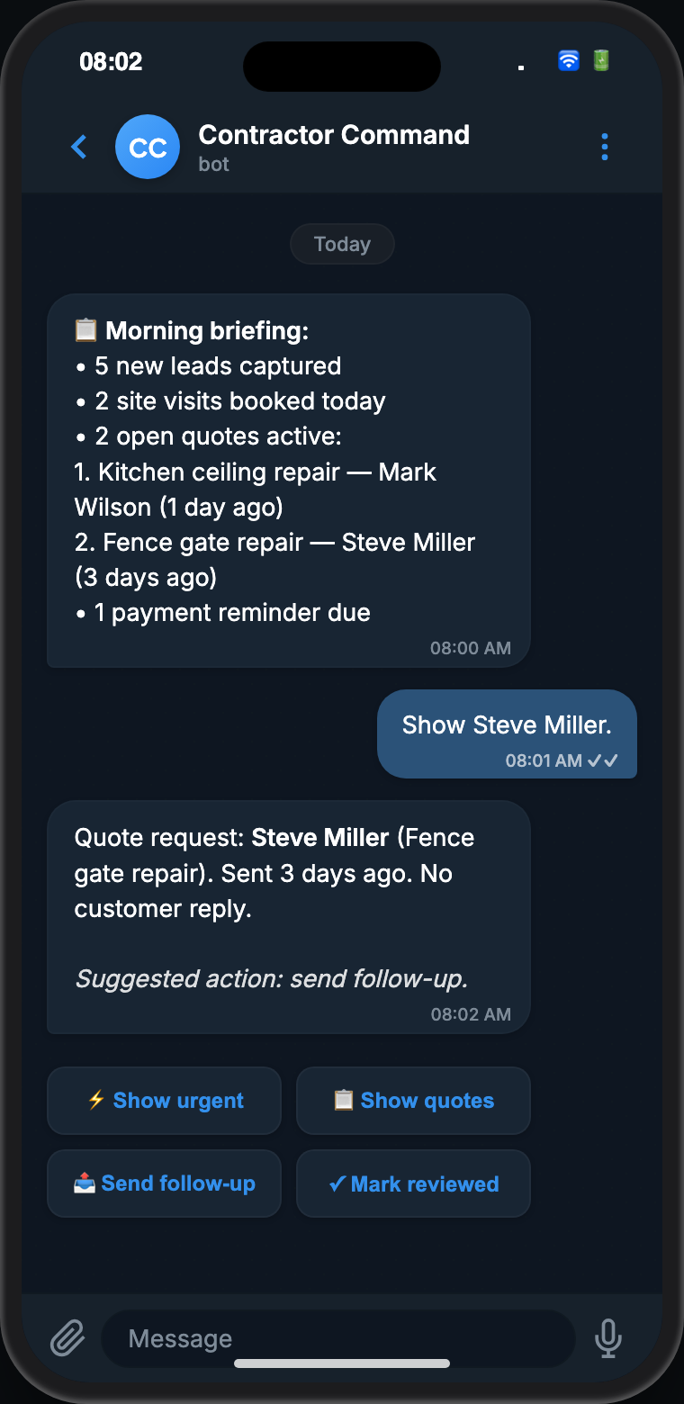 Telegram screenshot: Daily briefing, 5 new leads, 1 quote draft, 3 follow-ups due, owner replies Show quotes