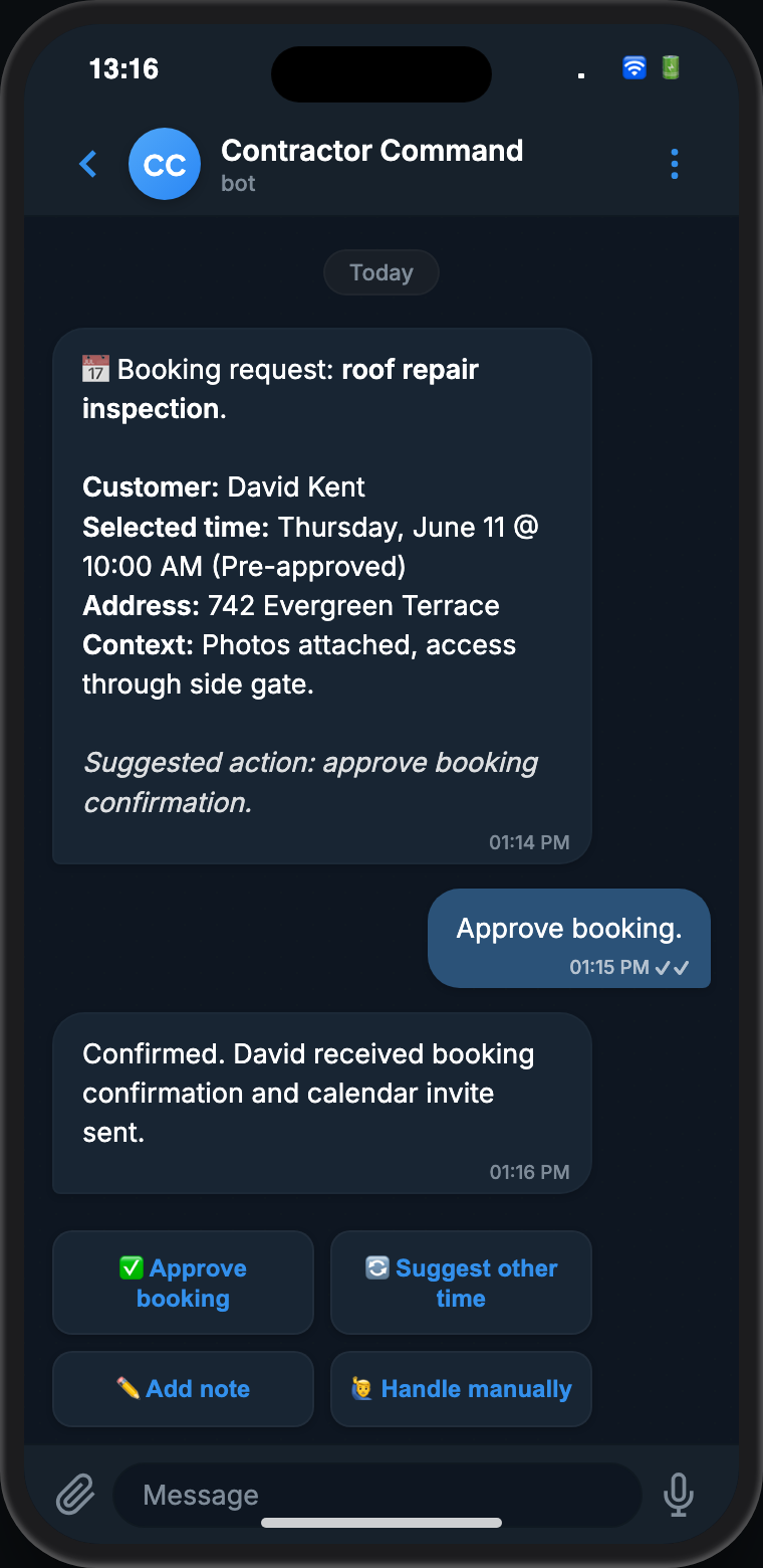 Telegram screenshot: Site visit request for roof repair inspection, owner replies Confirm time